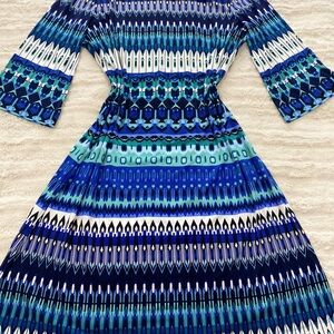 Donna Morgan Blue and White Smocked Off the Shoulder Sundress